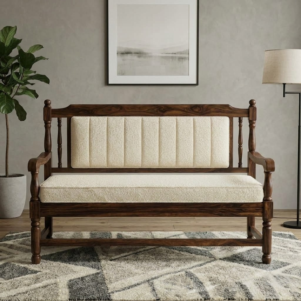 Luxury Upholstered Sheesham Wood Bench with Crème Bouclé Seat