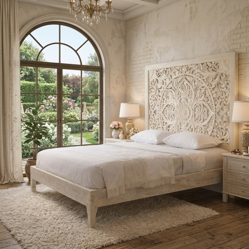 PRITI Luxury Mango Wood Bed Featuring Intricate Floral Hand Carving