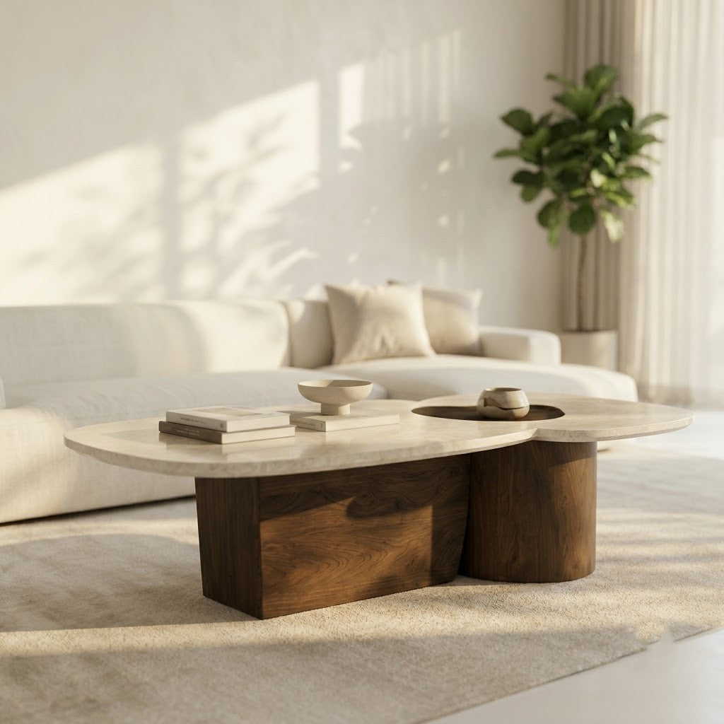 PRITI Luxury Marble Top Center Table with Solid Wood Base