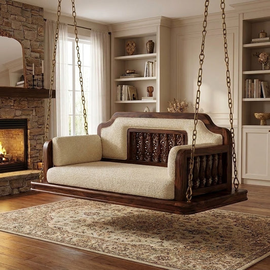 PRITI Luxury Sheesham Wood Jhula with Boucle Cushioned Seat