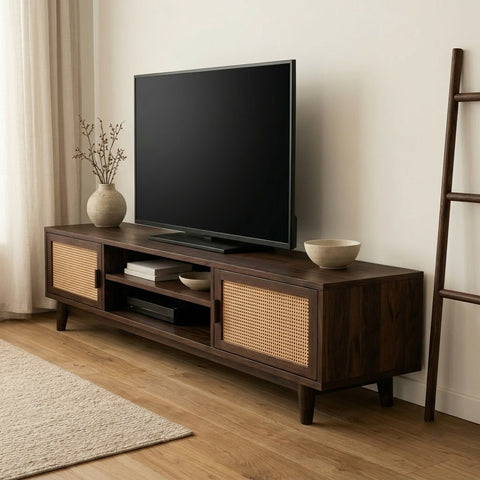 PRITI Luxury Sheesham Wood TV Console with Storage – Dark Walnut Finish