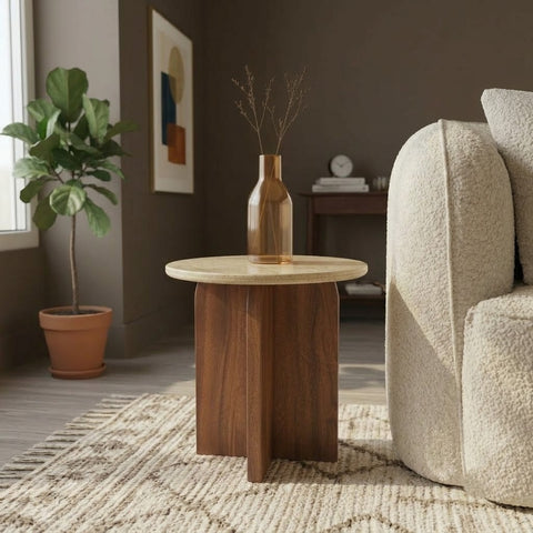 PRITI Luxury Sofa Side Table with Natural Travertine Stone Top