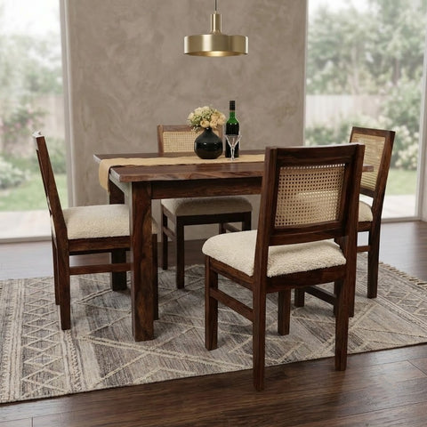 PRITI Luxury Solid Wood 6 Seater Dining Room Set with Cane & Crème Bouclé Chairs