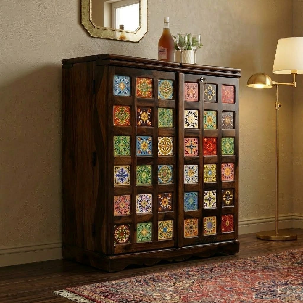 PRITI Luxury Solid Wood Bar Cabinet for Living Room & Dining Space