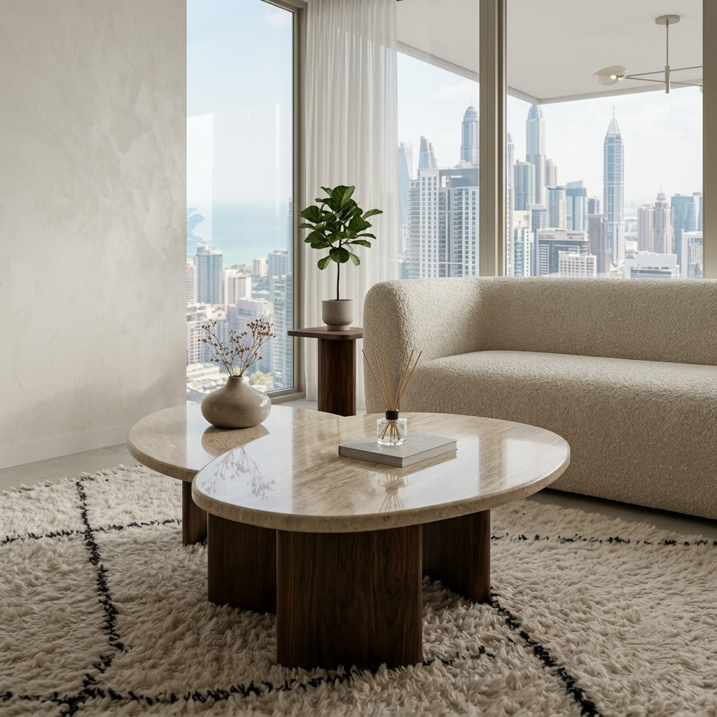 PRITI Luxury Travertine Style Coffee Table Set with Wooden Base