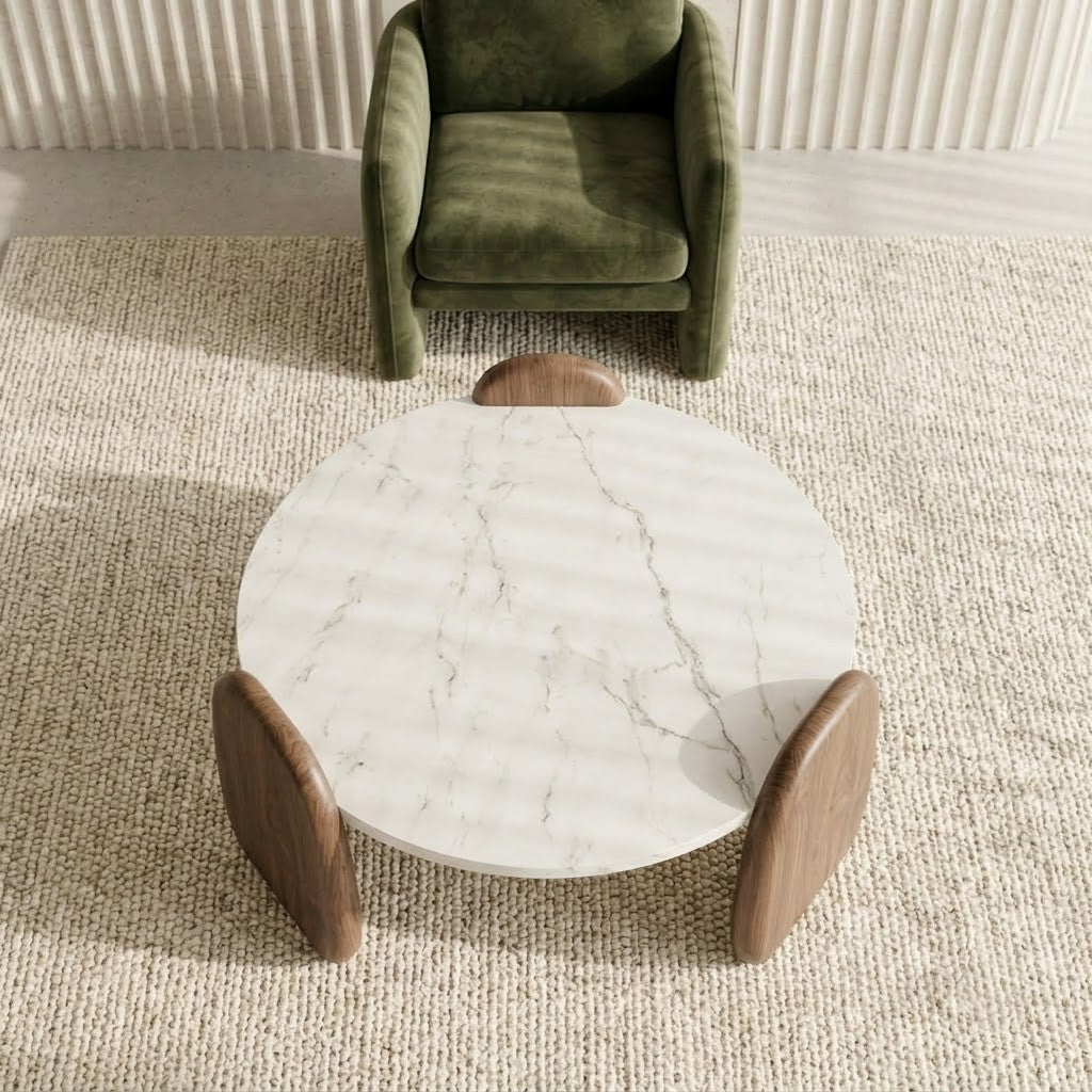 PRITI Luxury White Marble Coffee Table – Modern Wood Base Living Room Table