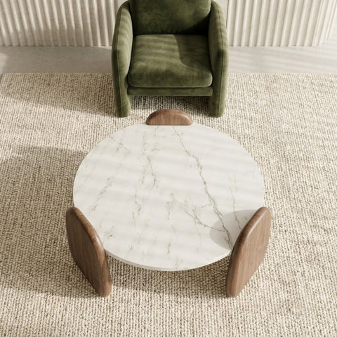 PRITI Luxury White Marble Coffee Table – Modern Wood Base Living Room Table