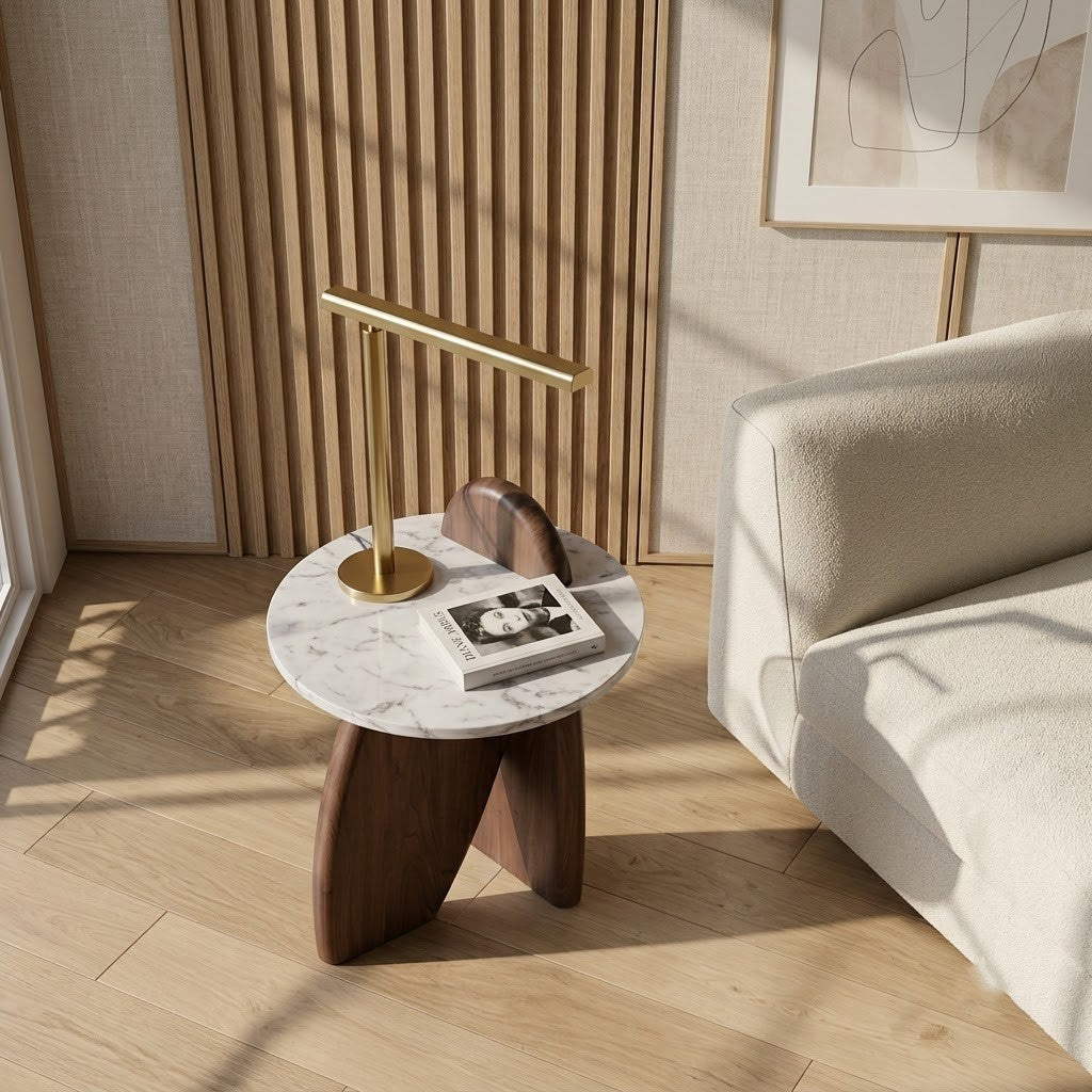 PRITI Luxury White Marble Side Table – Elegant Wooden Accent Table
