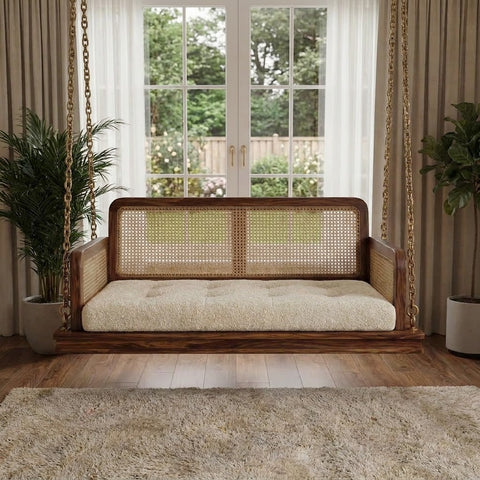 PRITI Luxury Wooden Jhula with Dark Walnut Finish & Boucle Cushion