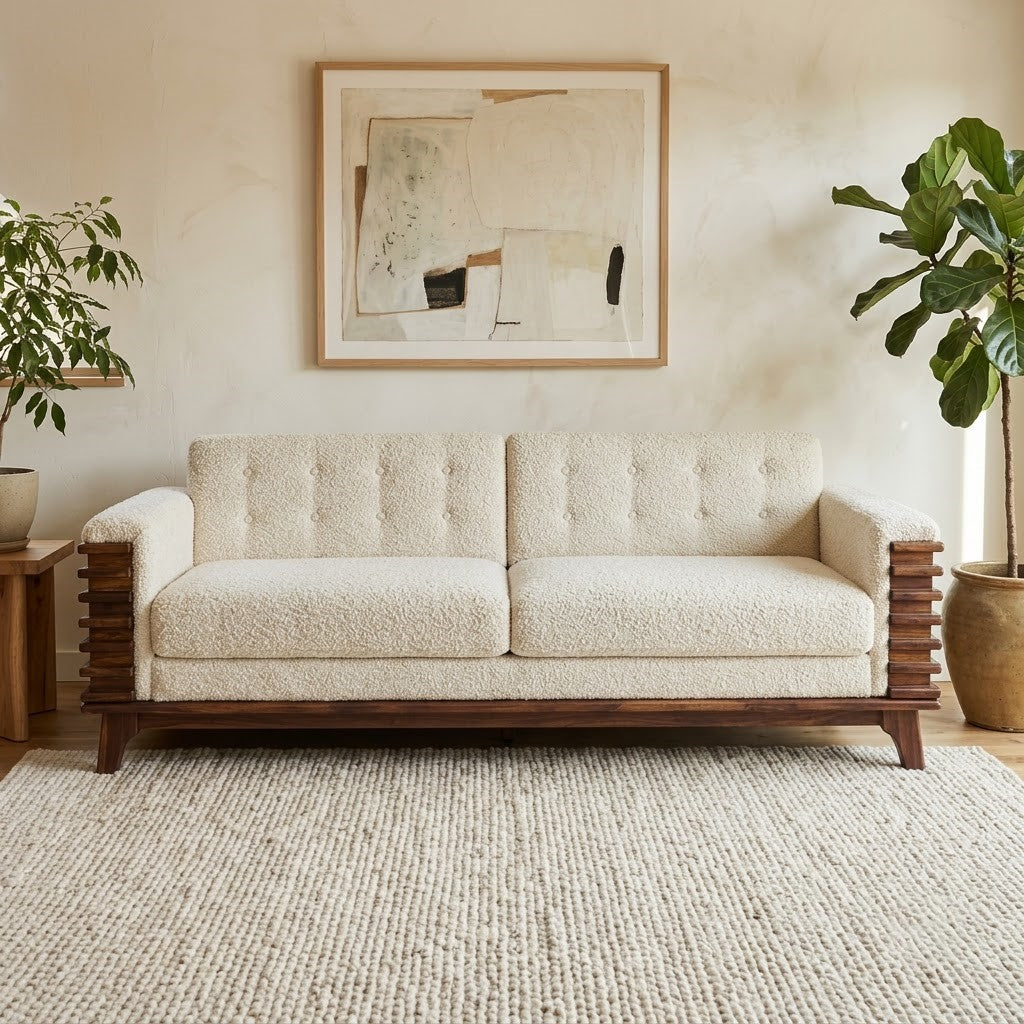 PRITI Mango Wood 3 Seater Sofa in Natural Finish with Crème Boucle