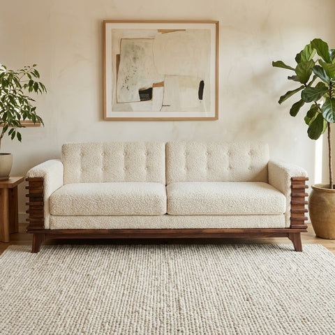 PRITI Mango Wood 3 Seater Sofa in Natural Finish with Crème Boucle
