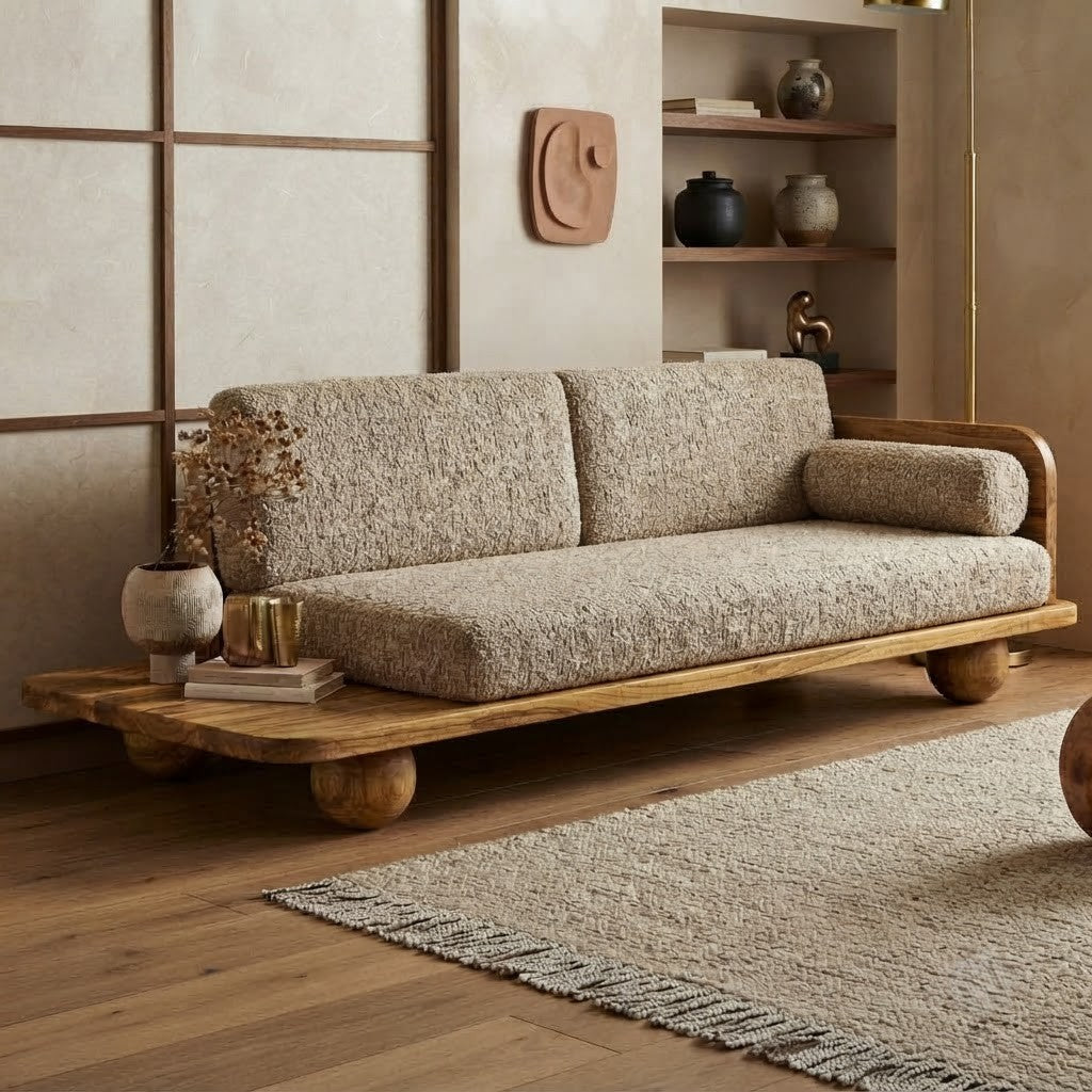 PRITI Mango Wood 3 Seater Sofa with Boucle Cushions