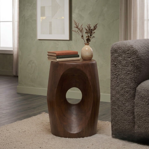 PRITI Mango Wood Accent Table | Modern Sculptural Side Table with Cutout Design
