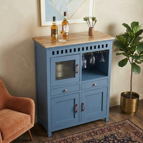 PRITI Mango Wood Bar Cabinet with Glass Doors | Home Bar Storage Cabinet