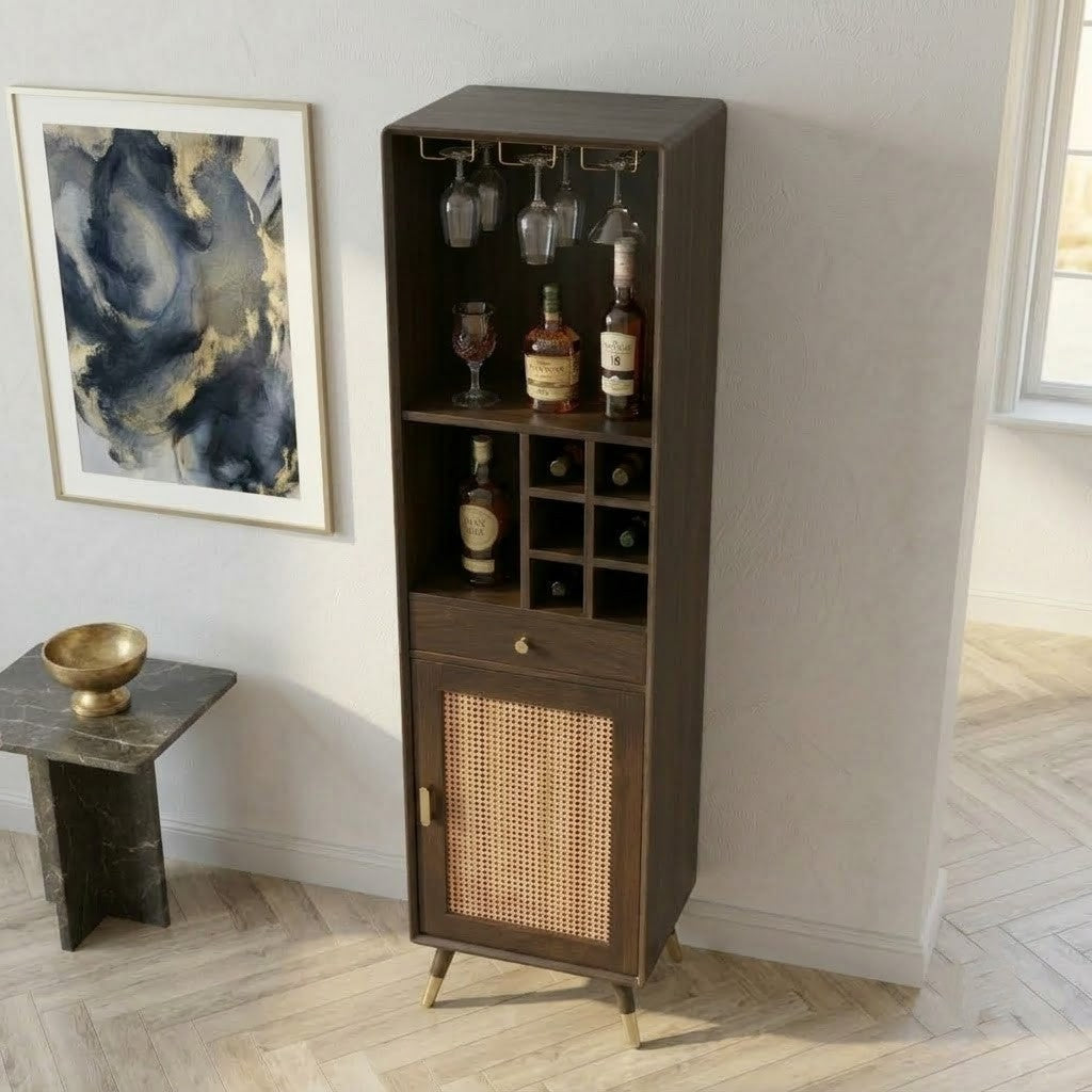 PRITI Mango Wood Bar Cabinet with Wine Storage and Glass Holder