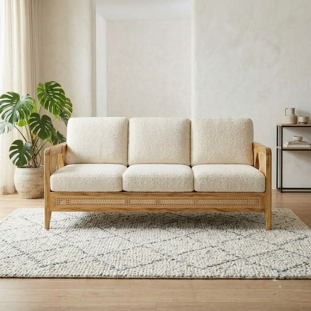 PRITI Mango Wood & Cane 3 Seater Sofa in Cream Boucle