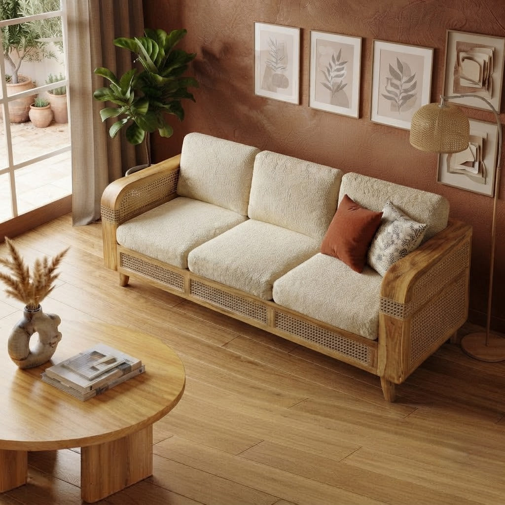 PRITI Mango Wood Cane Sofa with Creme Boucle Fabric