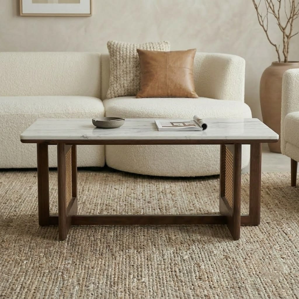 PRITI Mango Wood Coffee Table with Banswara White Marble Top