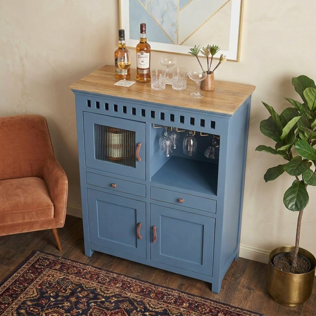 PRITI Mango Wood Drinks Cabinet | Glass Door Bar & Bottle Storage Unit