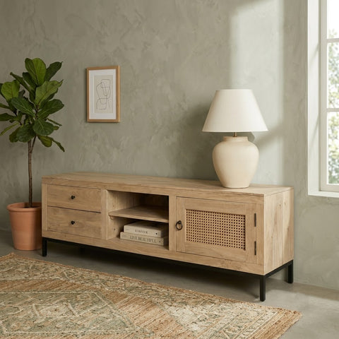 PRITI Mango Wood Entertainment Unit – 180 CM Cane TV Cabinet for Living Room