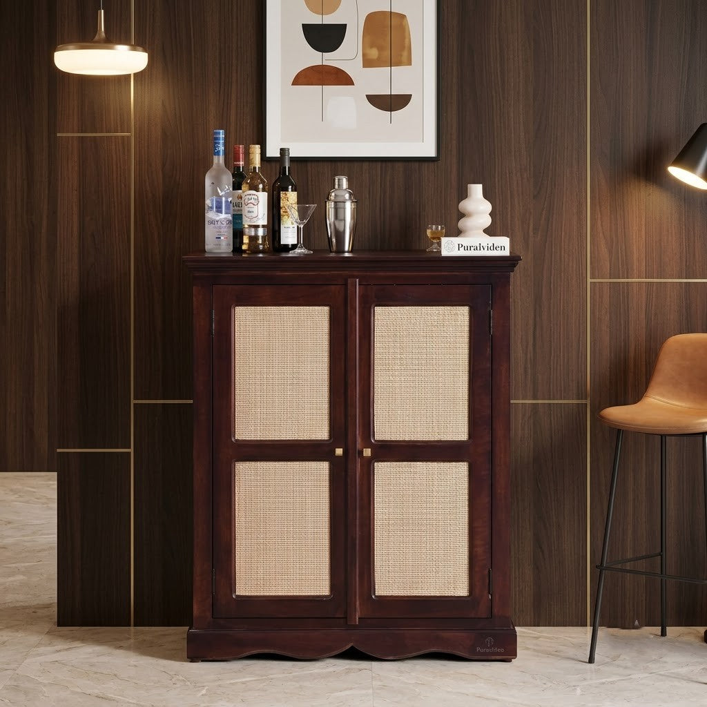 PRITI Mango Wood Rattan Bar Cabinet – Stylish Home Storage