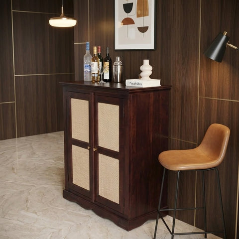 PRITI Mango Wood & Rattan Bar Storage Cabinet – 35 x 18 x 42 Inches