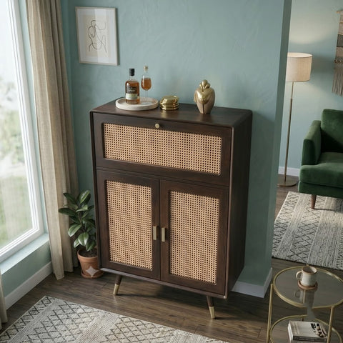 PRITI Mango Wood Rattan Cane Bar Cabinet with Glass Holder