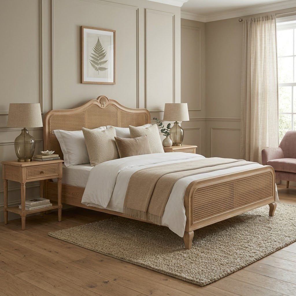 PRITI Mango Wood Rattan bed with hand-carved tree motif headboard