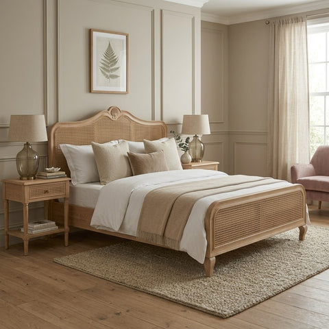 PRITI Mango Wood Rattan bed with hand-carved tree motif headboard