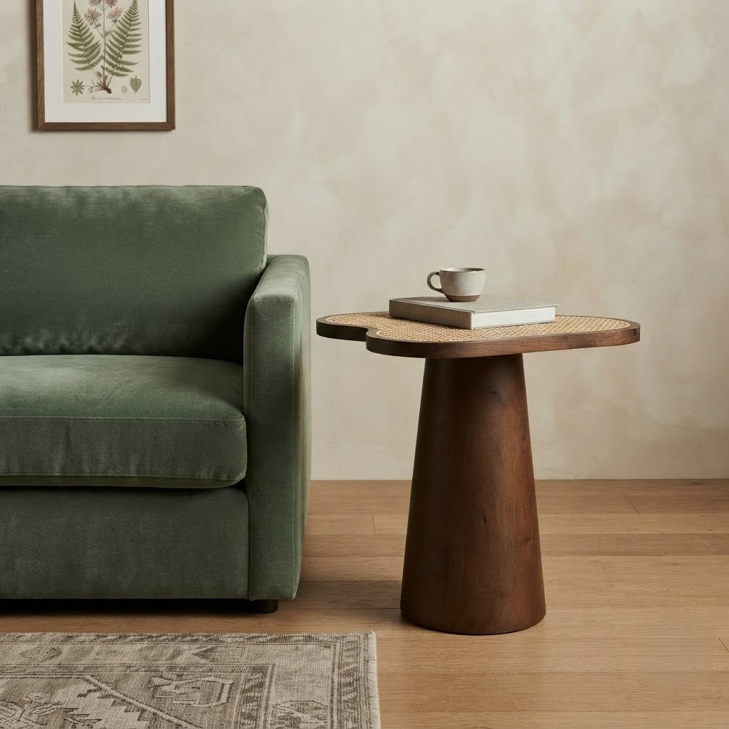 PRITI Mango Wood Side Table with Cane & Aravali Green Marble | Modern Accent Table