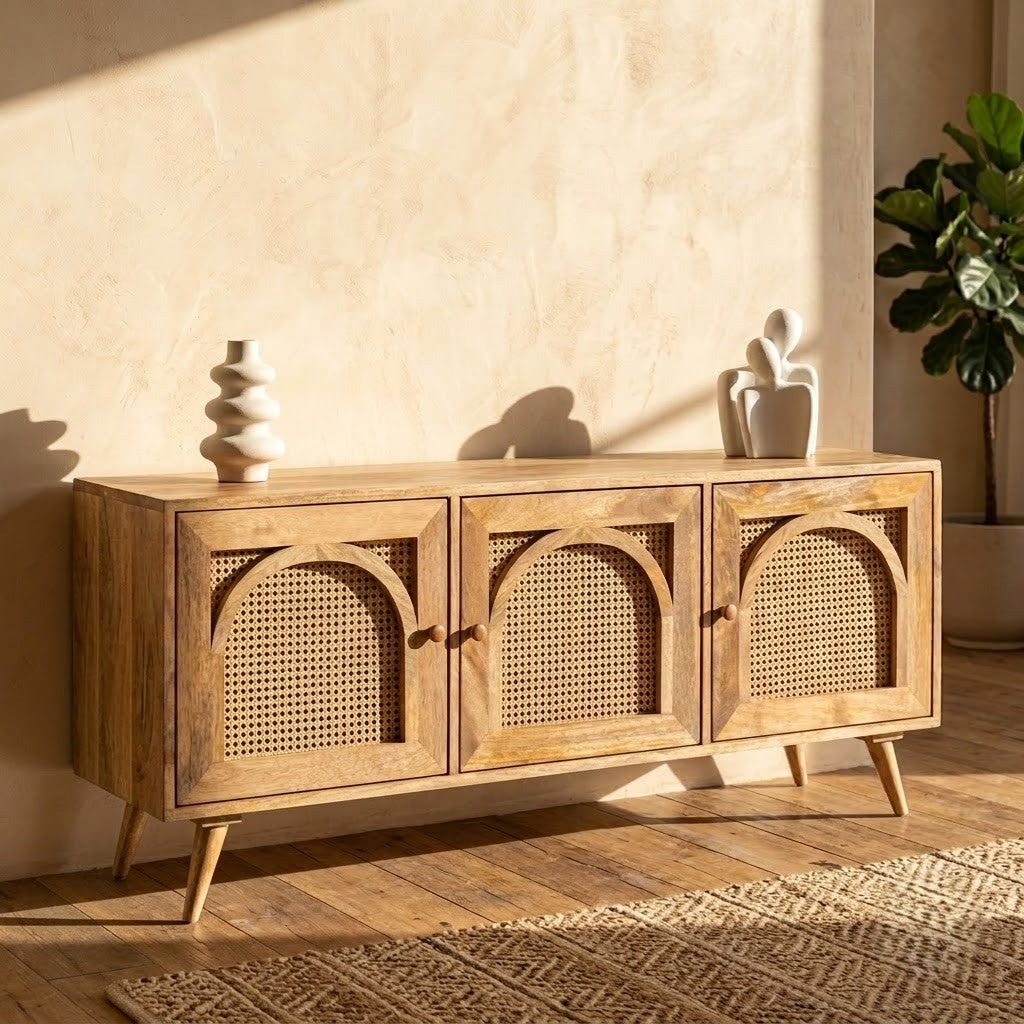 PRITI Mango Wood TV Unit with Arch Design – Modern Living Room Cabinet