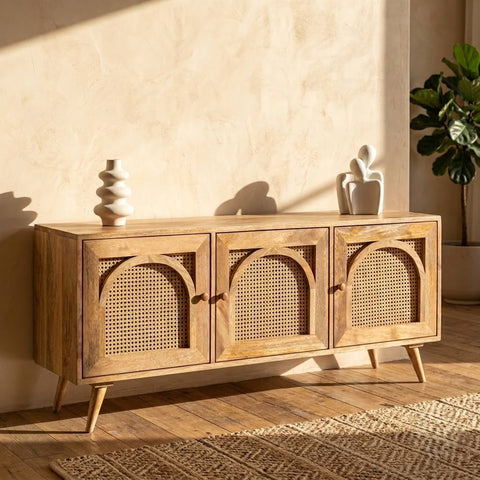 PRITI Mango Wood TV Unit with Arch Design – Modern Living Room Cabinet