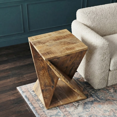 PRITI Mango Wood Geometric Side Table | Natural Wood End Table for Living Room