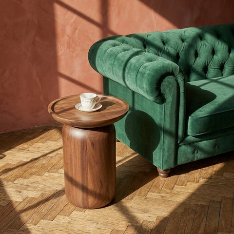 PRITI Marble-Top End Table | Solid Acacia Wood Pedestal Side Table