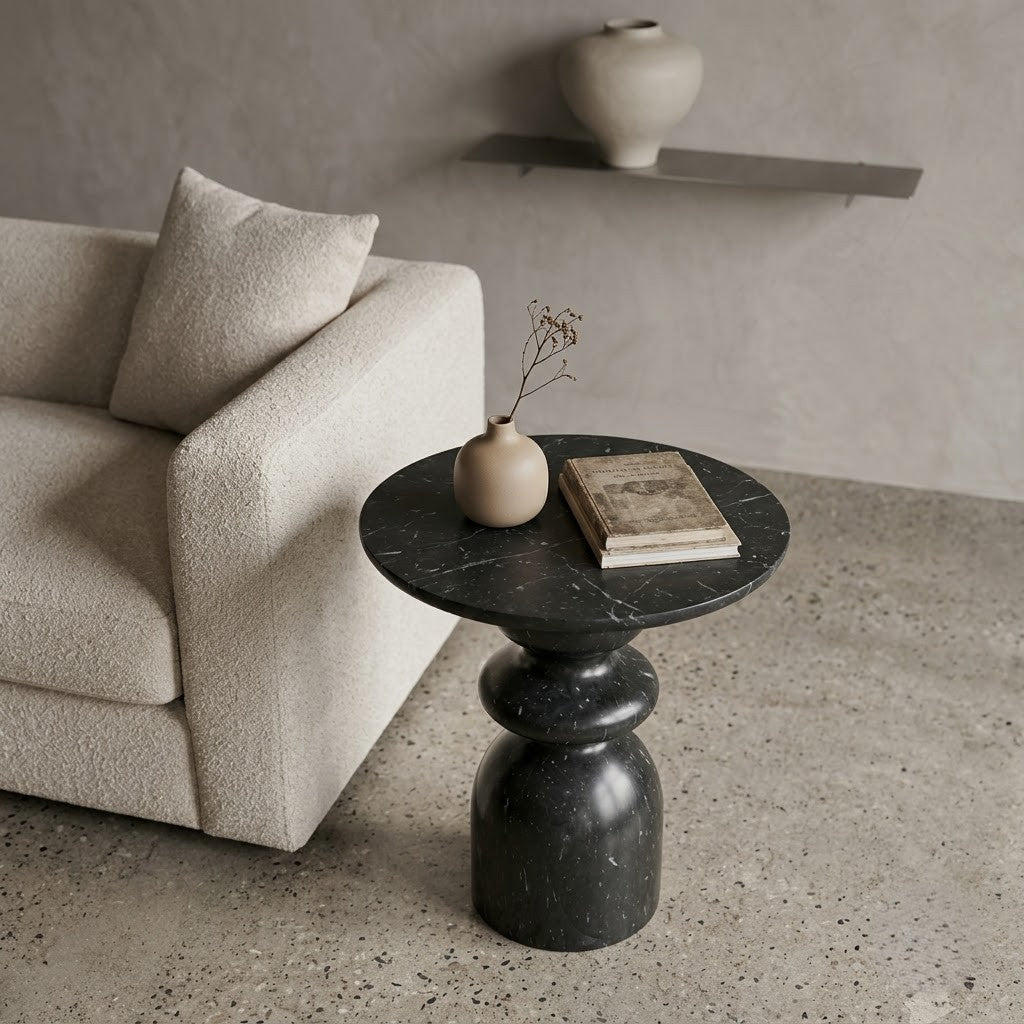 PRITI Marble End Table | Black Sculpted Base Side Table for Home Decor