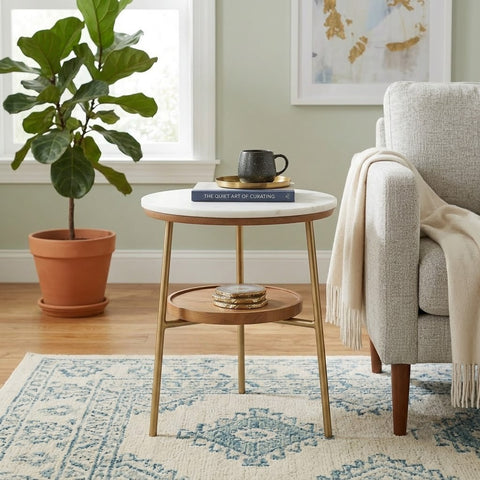 PRITI Marble Top Side Table | Round 2-Tier End Table with Steel Frame