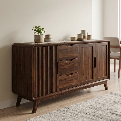 PRITI Mid-Century Walnut Sideboard with Fluted Door