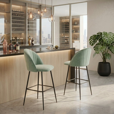 PRITI Mint Green Velvet Bar Stool Set of 2 with Iron & Steel Frame