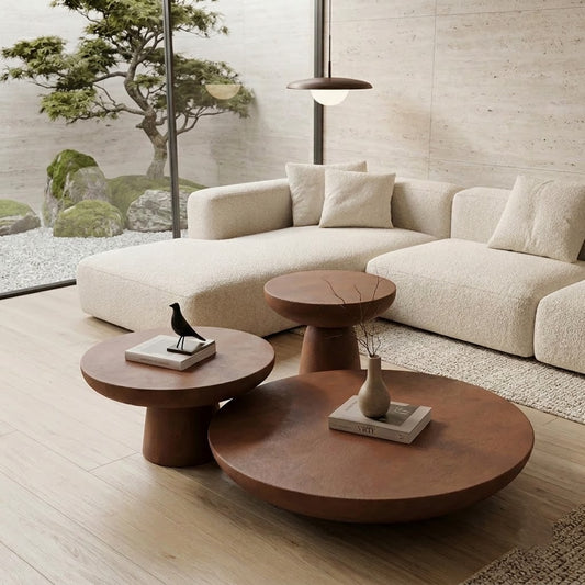 PRITI Mocha Microconcrete Coffee Table Set – 3 Piece Round Cluster