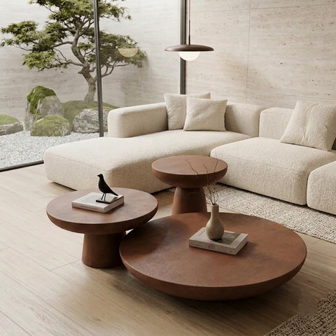 PRITI Mocha Microconcrete Coffee Table Set – 3 Piece Round Cluster
