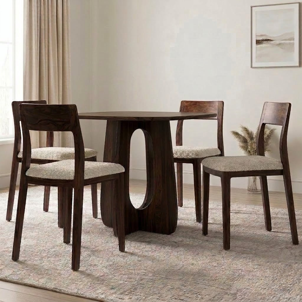 PRITI Modern 4 Seater Solid Wood Dining Table Set with Clarke Chairs – Dark Walnut Sheesham Finish