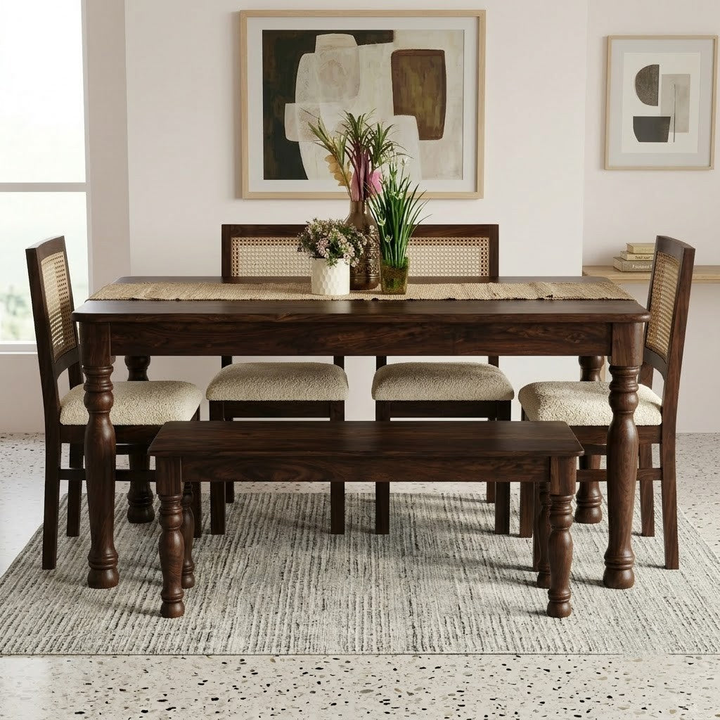 PRITI Modern 6 Seater Dining Table & Chairs – Dark Walnut Sheesham Wood