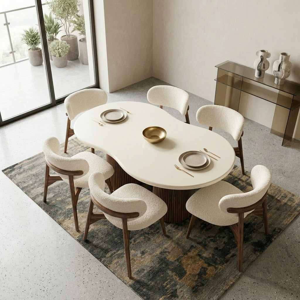 PRITI Modern 6 Seater Wooden Dining Table Set with Crème Boucle Upholstery