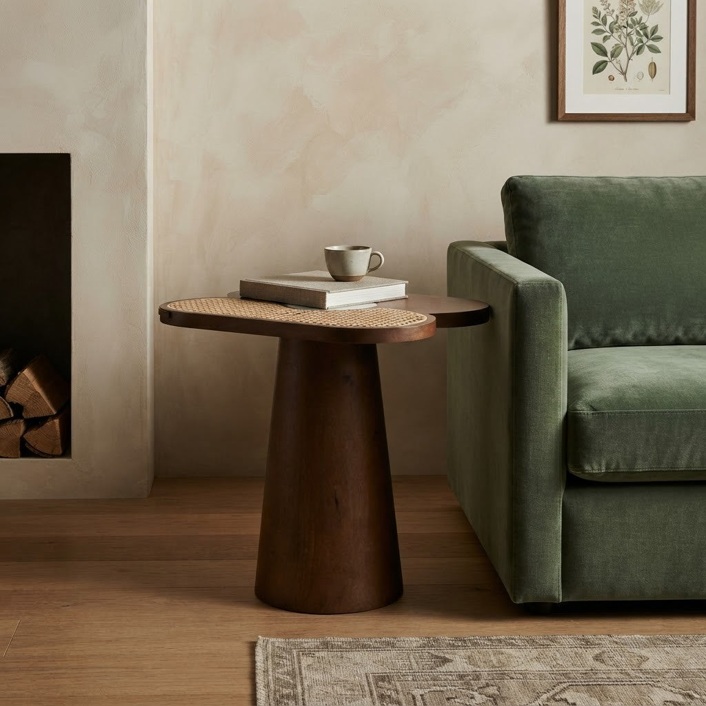 PRITI Modern Accent Side Table | Mango Wood, Cane & Green Marble End Table