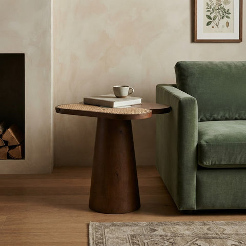 PRITI Modern Accent Side Table | Mango Wood, Cane & Green Marble End Table