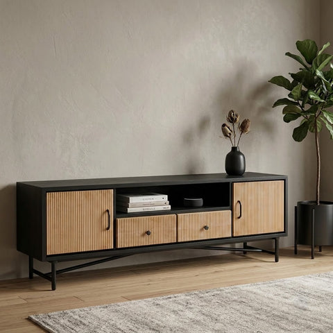 PRITI Modern Black TV Unit in Solid Mango Wood – Drawers, Shelf & Side Cabinets