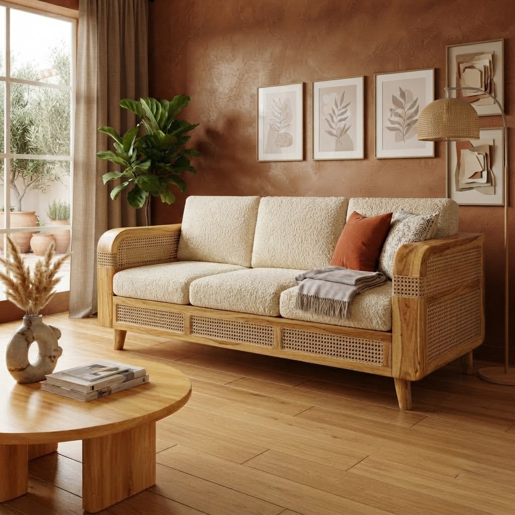 PRITI Modern Cane Sofa in Natural Mango Wood Finish