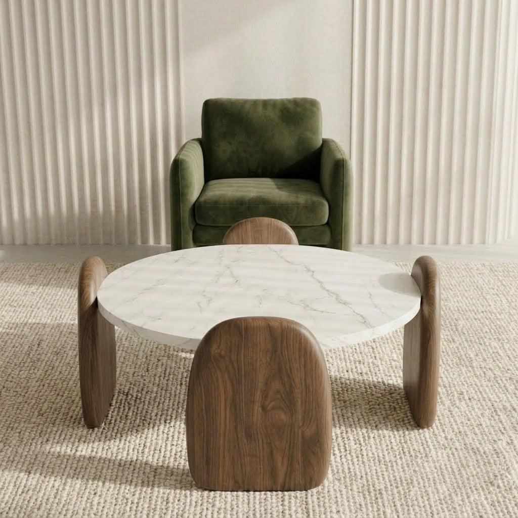PRITI Modern Marble Coffee Table – White Banswara Marble & Solid Wood Base