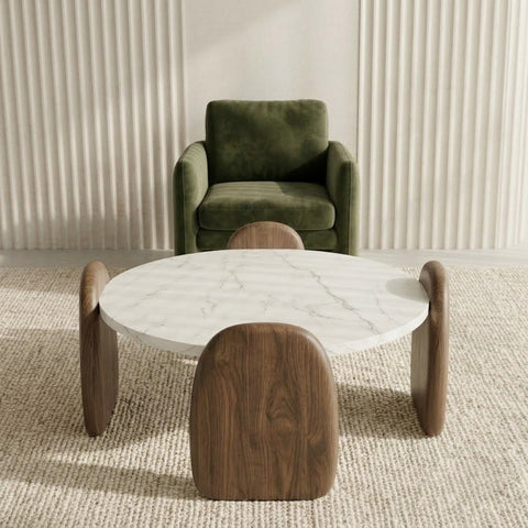 PRITI Modern Marble Coffee Table – White Banswara Marble & Solid Wood Base
