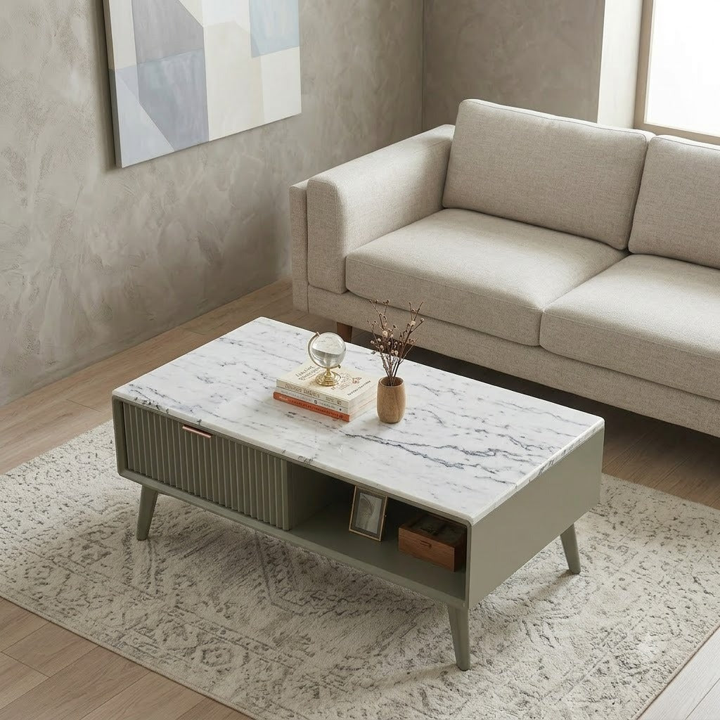 PRITI Modern Marble Top Coffee Table with Drawer for Living Room